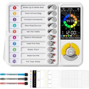 3-in-1 Visual Timer & ADHD Tool for Kids and Adults, 12/24H Silent Task Timer with Chore Chart, Visual Schedule for Children with Autism, Daily Checklist with Pomodoro Timer, Alarm Clock - White