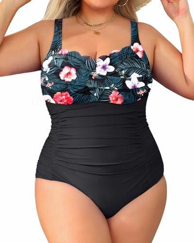 Aqua Eve Womens Plus Size One Piece Swimsuit- Tummy Control Bathing Suit Full Coverage Swimwear (Floral and Black, 14W)