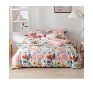 Pink Garden Style Floral Duvet Cover Queen,100% Cotton Soft Breathable Butterfly Flower Pattern Green and Purple Reversible Pink Plaid Bedding Set for Girls Women with Zipper Closure & Corner 4 Ties