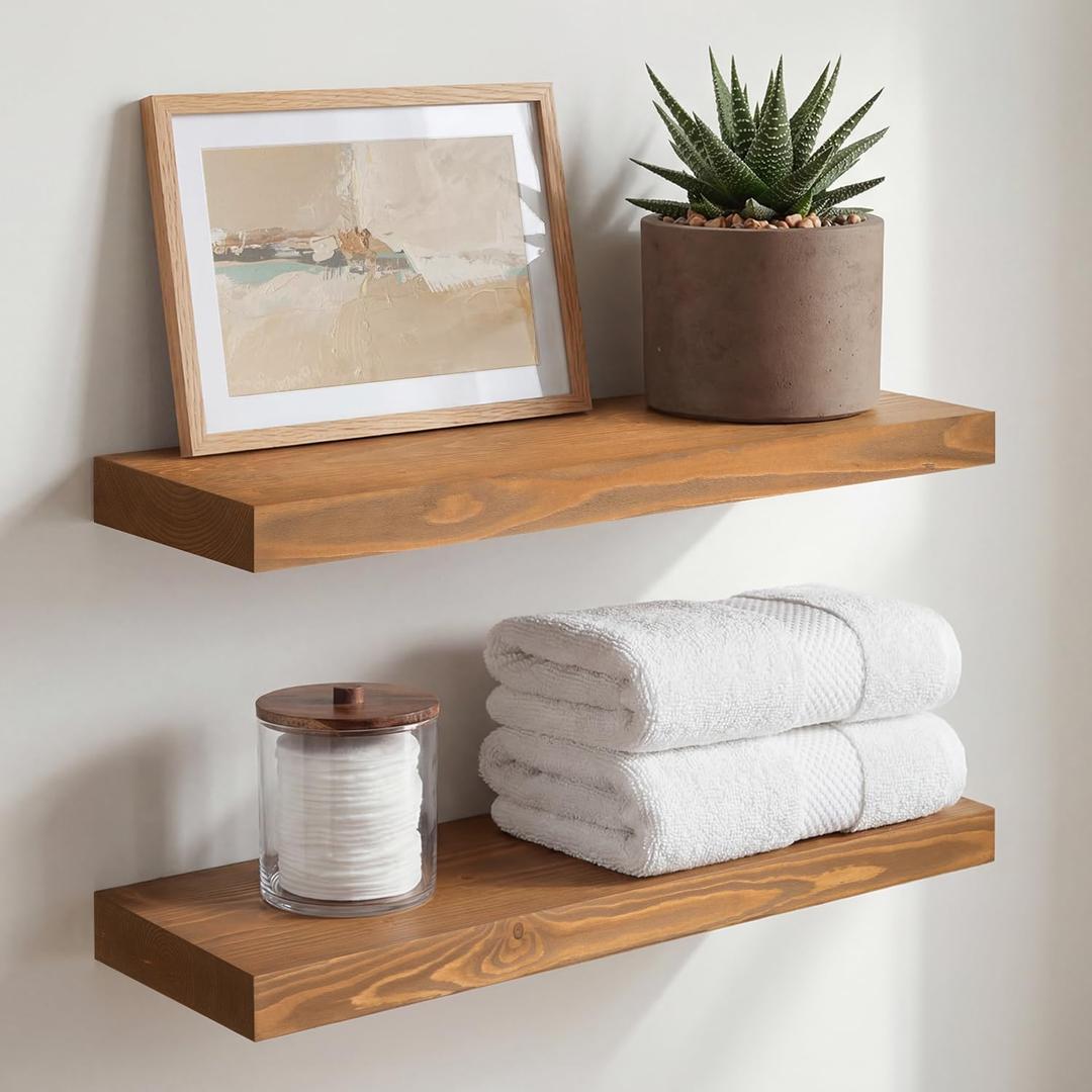 Homeforia 18 inch Golden Oak Floating Shelf, High End Solid Real Wood 18inch Small Floating Shelves for Wall Mounted, Oak Wooden 18in Floating Shelves, Heavy Duty Bracket, 18 X 6.5 X 1.75 in, Set of 2