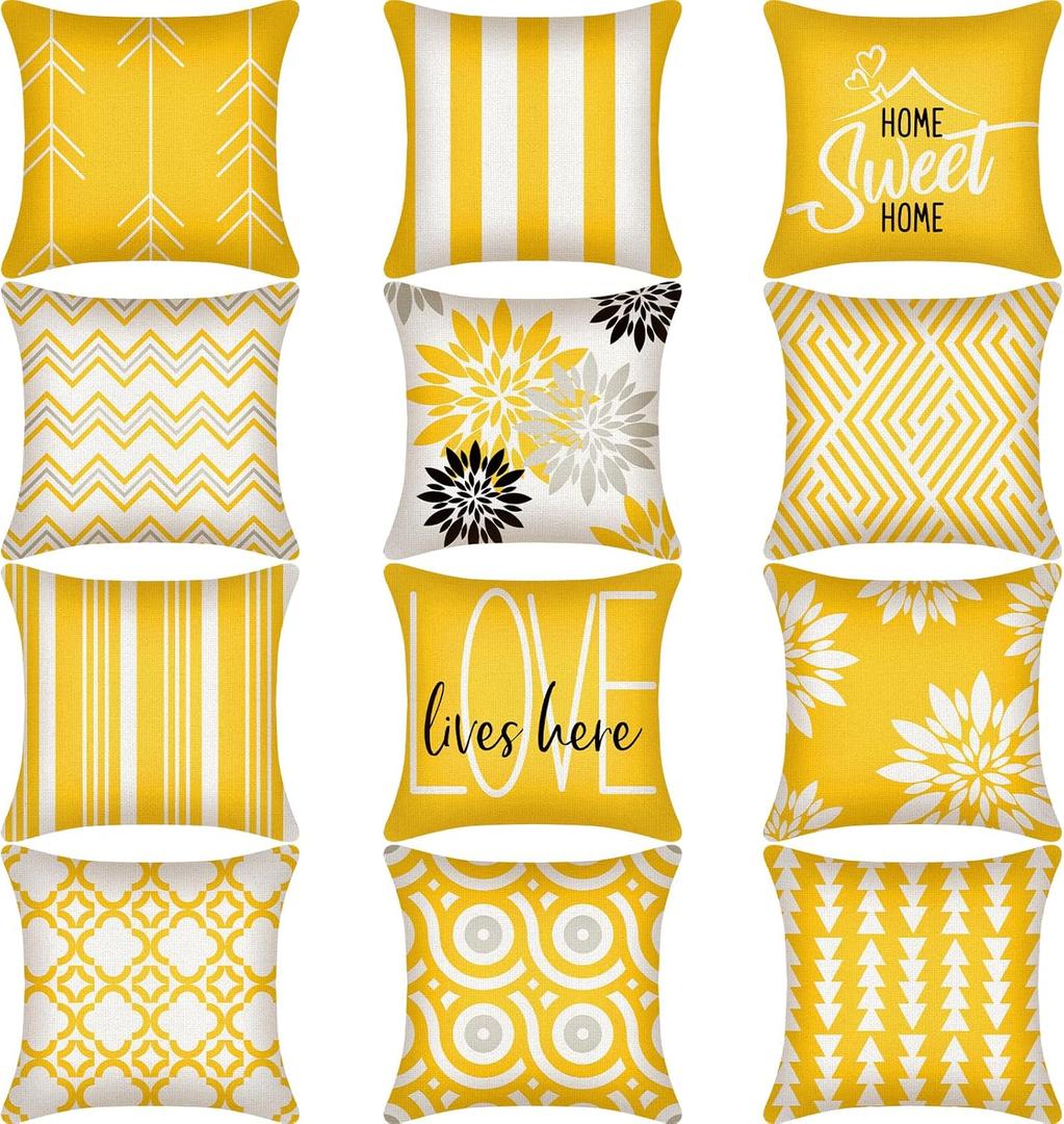 Flutesan 12 Pcs Pillow Cover 18 x 18 Inch Square Sofa Throw Pillow Covers Modern Geometric Floral Linen Decorative Cushion Covers for Home Living Room Bedroom Couch Chair Sofa Pillow Cases (Gray Blue) (Yellow)