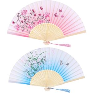 Bantoye 2 Pieces Handheld Fans Silk Folding Fans with Bamboo Frames for Dancing Cosplay Wedding Party Props Decoration, Pink Blue, Floral