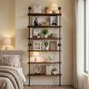 6 Tier Industrial Ladder Shelf Bookcase, Wall Mounted Rustic Bookshelf for Living Room Decor and Storage (Walnut Color, 6 Tier - 10" D x 36" W x 82.5" H)