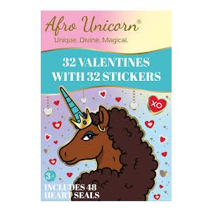 4 Pack of girls Valentine stickers, seals, and envelopes. two afro unicorn sticker packs and two barbie sticker packs