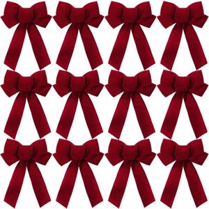 Crowye 12 Pcs Large LED Valentines Bows Lighted Velvet Bows Decoration Wreath LED Light Bow Christmas Tree Topper for Indoor Outdoor Xmas Winter Decoration(5 x 8 Inches,Burgundy)