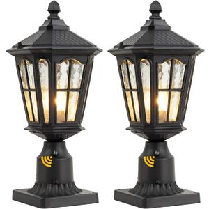 Dusk to Dawn Post Light Outdoor 2 Pack, 17''H Outdoor Lamp Post Light with Pier Mount Adapter,Waterproof IP65 Classic Die Cast Aluminum with Water Ripple Glass, Matte Black