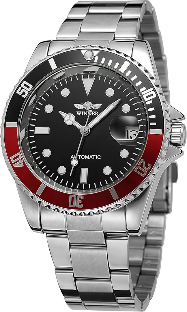 MASTOP Mens Automatic Mechanical Watches Stainless Steel Waterproof Luxury Watch for Men Reloj Automtico para Hombre (Silver Black Red)