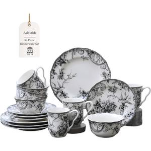 222 Fifth Adelaide 16-Piece Black Porcelain Dinnerware Set  Service for 4, Featuring Hand-Applied Romantic Woodland Bird Design, for Everyday Dining & Entertainment, Microwave & Dishwasher Safe
