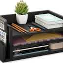 Ballucci 3-Tier Desk Organizer with 2 Side Mail Sorter Slots, Wood Letter Tray, Open Top Paper Organizer, Desktop File Organizer, Black (16.5" x 9.5" x 6.5")