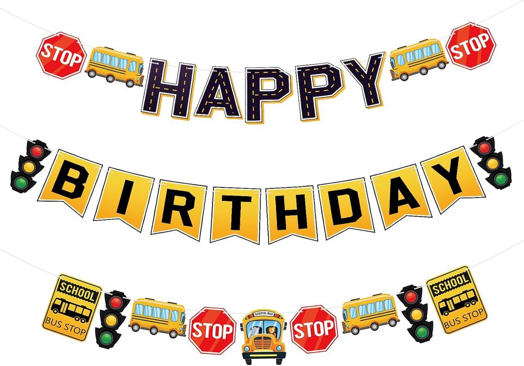 Hooqict School Bus Happy Birthday Banner Yellow Bus Birthday Party Banner for Kids 1st 2nd 3rd Garland Sign Party Decorations Back to School Party Supplies