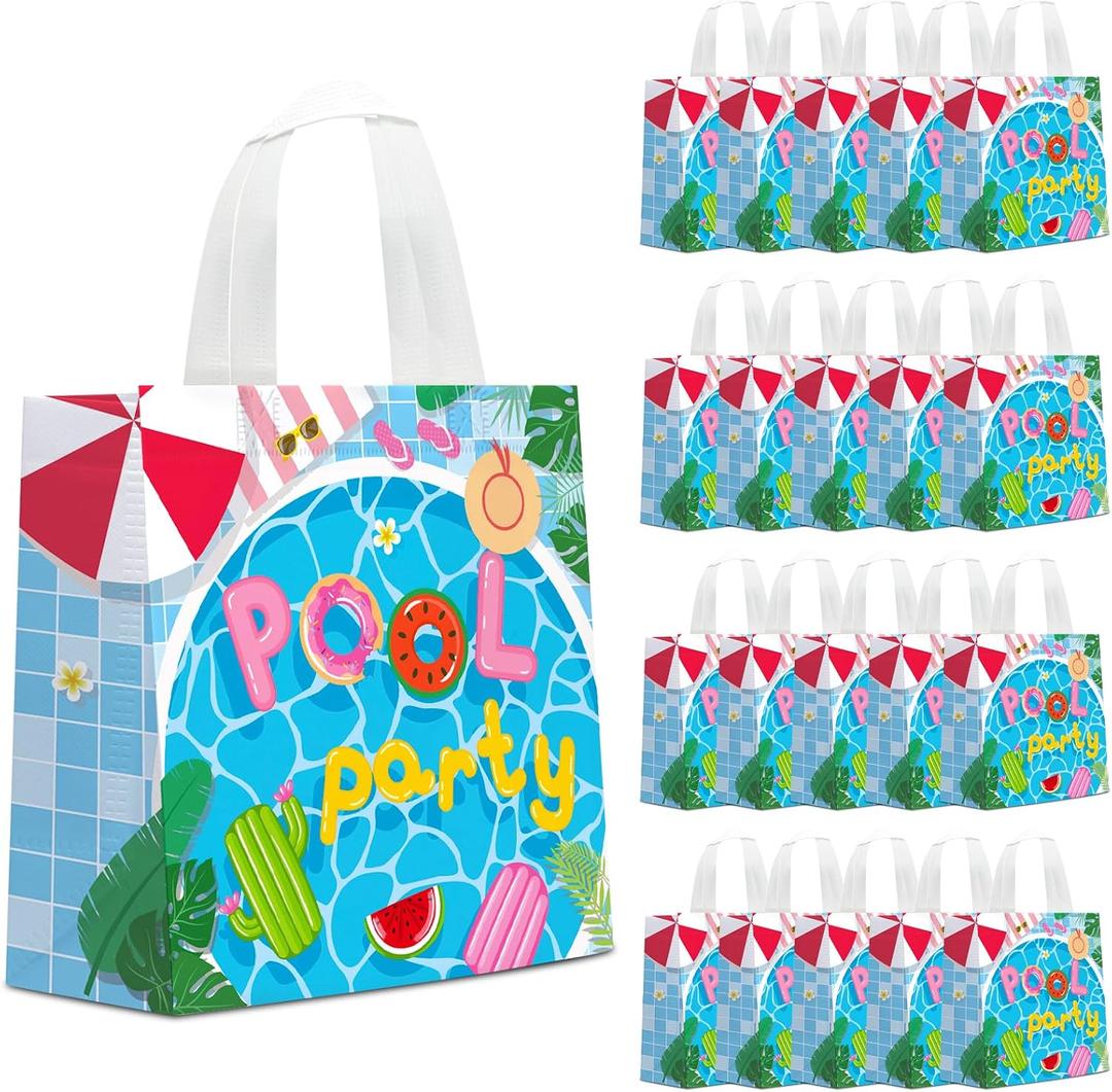 KERINGO 24 PCS Pool Party Non Woven Favor Bags with Handles Swimming Themed Waterproof Goodie Bags for Pool Swimming Summer Party Birthday Baby Shower Supplies