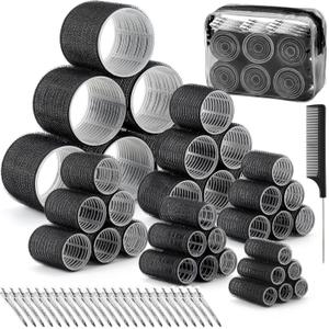 6 Size Hair Rollers for Women, 62 Pcs Rollers Hair Curlers for Long Medium Short Hair, Large Medium Small Self Grip Hair Rollers with 36 Rollers 24 Stainless steel Clips 1 Storage Bag (Black)