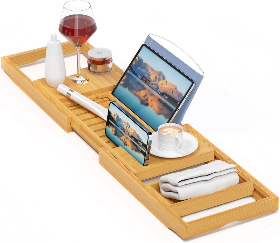 Luxury Bamboo Bathtub Tray - Wooden Expandable Caddy with Book, Tablet, Wine Holder - Gift Idea