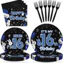 96 Pcs 16th Birthday Decorations for Boys Blue and Black Plates and Napkins Disposable Glitter It's My 16th Birthday Party Supplies for Boys Kids Teenager 16 Years Old Party DecorServes 24