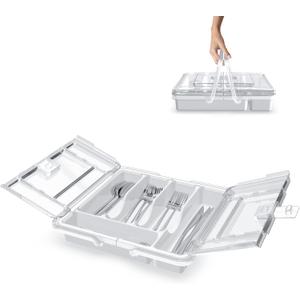 Silverware Organizer with Lid for Drawer, Plastic Utensil Holder for Countertop, Flatware Organizer Cutlery Tray with Cover 5 Compartments (Wing Lid-White)