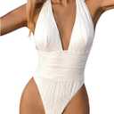 Milumia Women's Textured Halter Tie Backless Swimsuit Sexy Deep V Neck One Piece Bathing Suit (Medium, White)