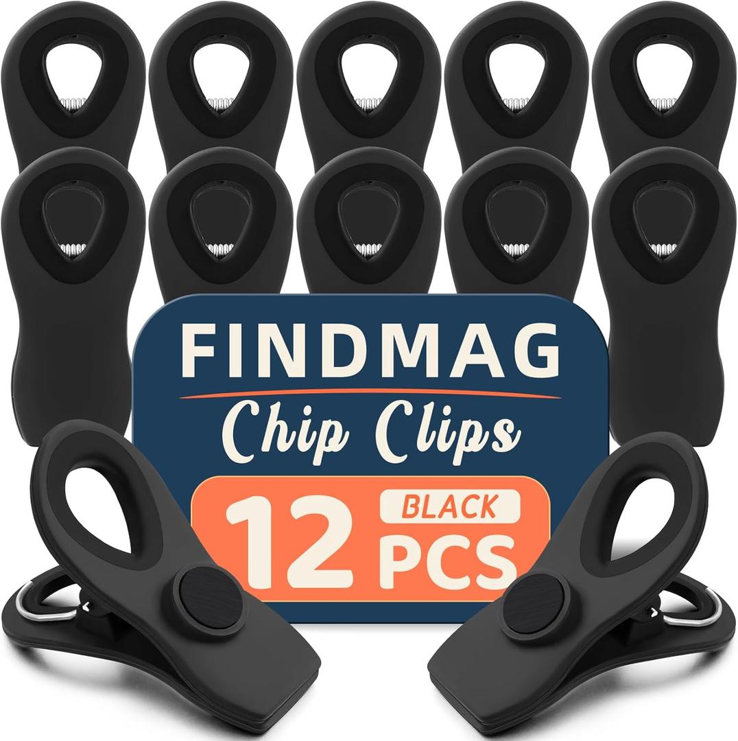 12 Pack Magnetic Chip Clips, Bag Clips for Food Packages, Kitchen Clip with Magnet for Fridge, Plastic Assorted Colors Bag Clip for Fridge, Kitchen (Black)