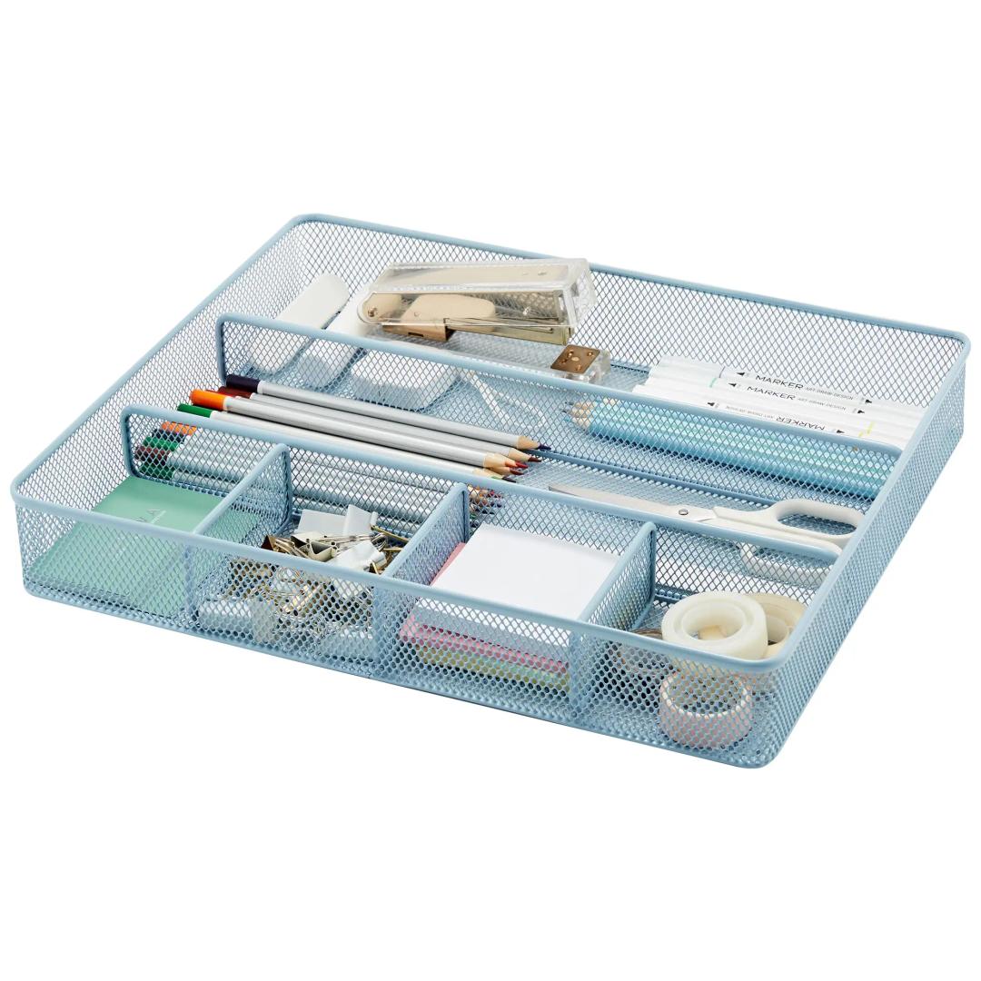 Annova Desk Top Organizer/ Storage Tray - Metal Mesh with Dividers for Pens, Desktop Accessories, Bathroom, Kitchen, Makeup and Office Supplies (Large, Morandi Blue)