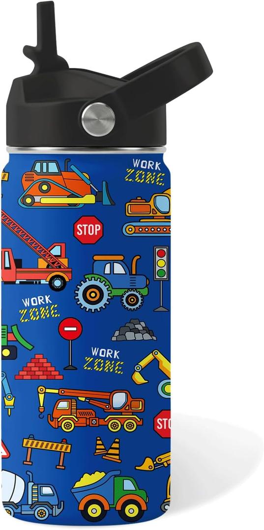 Construction Gifts for Men & Women - 16 Oz Water Bottle with Straw Lid, Stainless Steel Insulated Tumbler, Leak Proof, BPA-Free, for Boys, Travel - Truck Lovers Teen Birthday Gifts Cups(1pc)