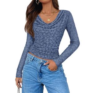 ZESICA Women's Long Sleeve Floral Tops Cowl Neck Slim Fit Going Out Shirts 2026 Spring Fashion Outfits Clothes Dusty Blue Medium