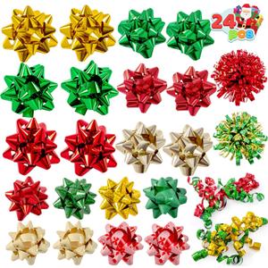 JOYIN 24 PCS Christmas Wrap Gift Bows with 20 Multi-Colored Assorted Size Self Adhesive Bows, 2 Tinsel and 2 Curly Ribbon Bows Wrapping Accessory for Gift Wrapping, Christmas Wrapping Decoration