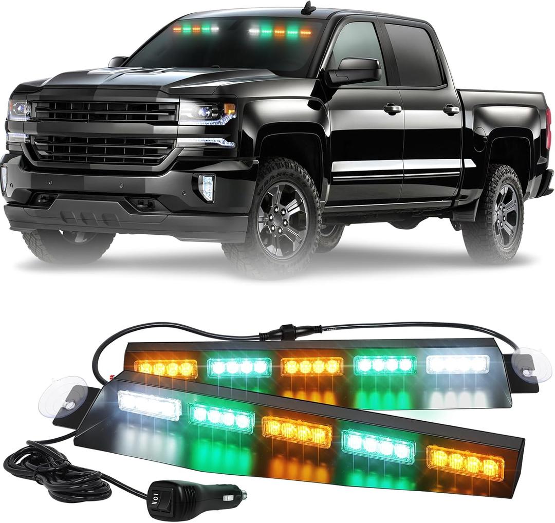 XRIDONSEN 34 inch Amber Green Emergency Visor Strobe Lights 40 LED Warning Flashing Hazard Safety Light Interior Front Windshield Lights w/White Take Down for Tow/Plow Trucks Construction Vehicles