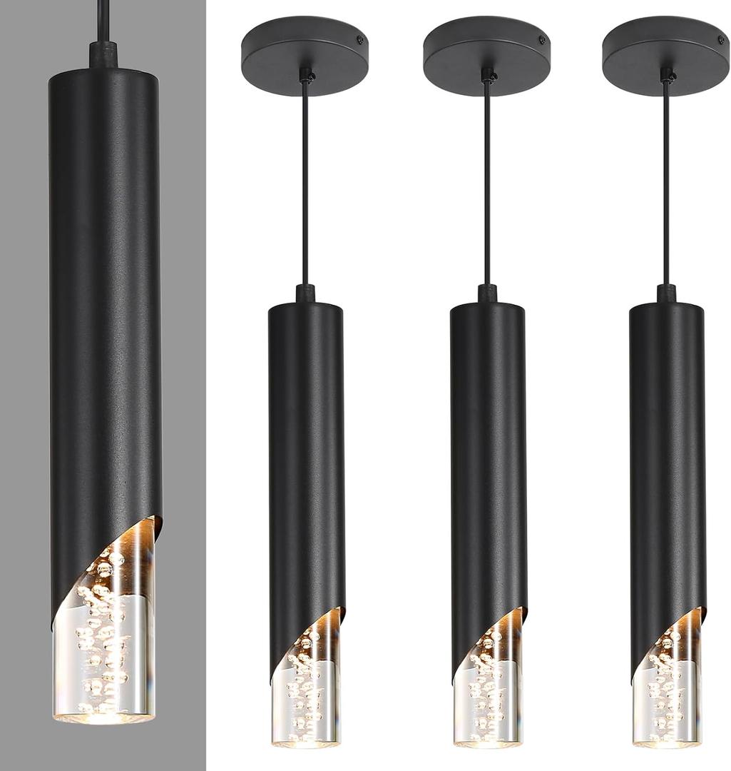 3 Pack Minimalist Kitchen Island Pendant Lights, Black Modern Linear Hanging Light Fixture, Bubble Acrylic, Adjustable 2700K/ 4500K/ 6500K, LED Ceiling Lamp for Dining Room, Bedside, Bathroom, Bar