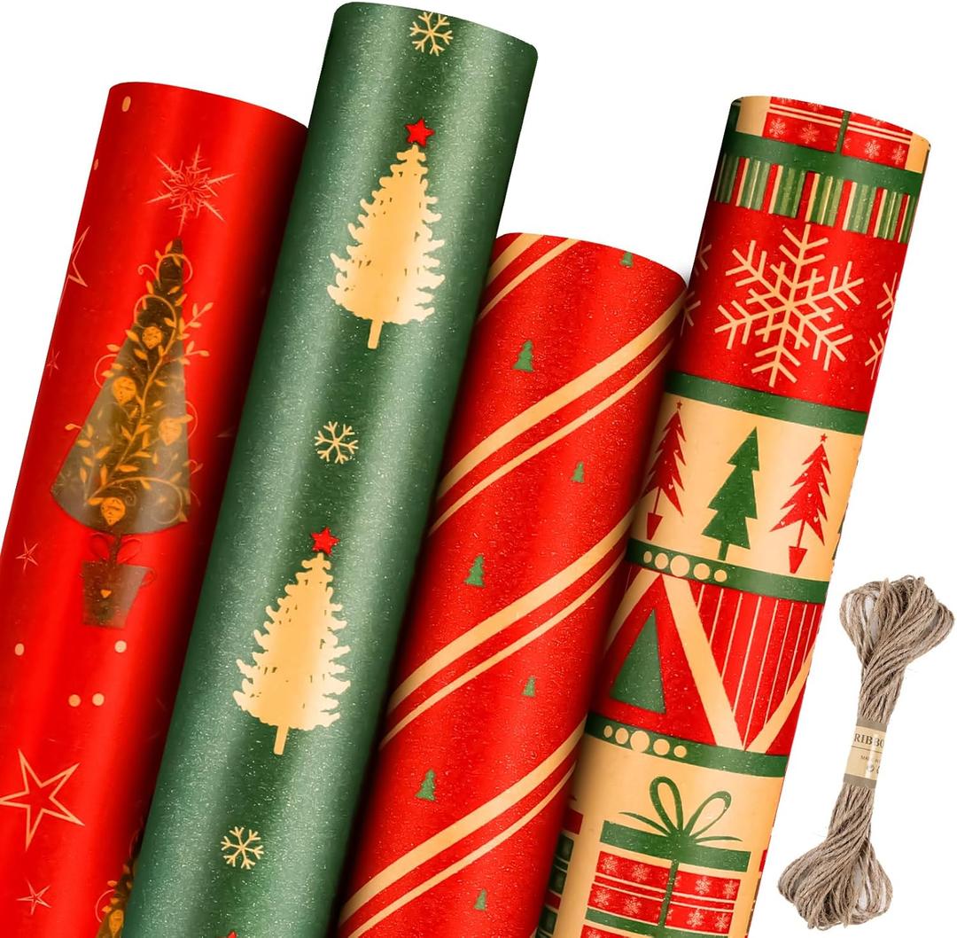 Panigkids Christmas Wrapping Paper(Including Jute Twine), 4 Rolls vintage wrapping paper with Geometric Stripes, Tree & Snowflakes Designs for Christmas Gift Wrap, Thanksgiving & Holiday & Party , 16.9'' x 16.4' (Green)