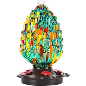 LUJII Pine Cone Shaped Hand Blown Glass Hummingbird Feeder for Outdoors Hanging, Rust Proof & Leak Proof, 25 fl.oz, Unique Gift for Women, Garden & Backyard Decor, Teal