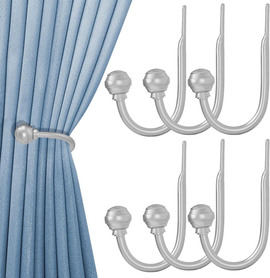 Hion Curtain Holdbacks Silver 6pcs, Curtain Tiebacks Wall Mounted Curtain Hooks Holders for Drapes (Ball-6pcs)