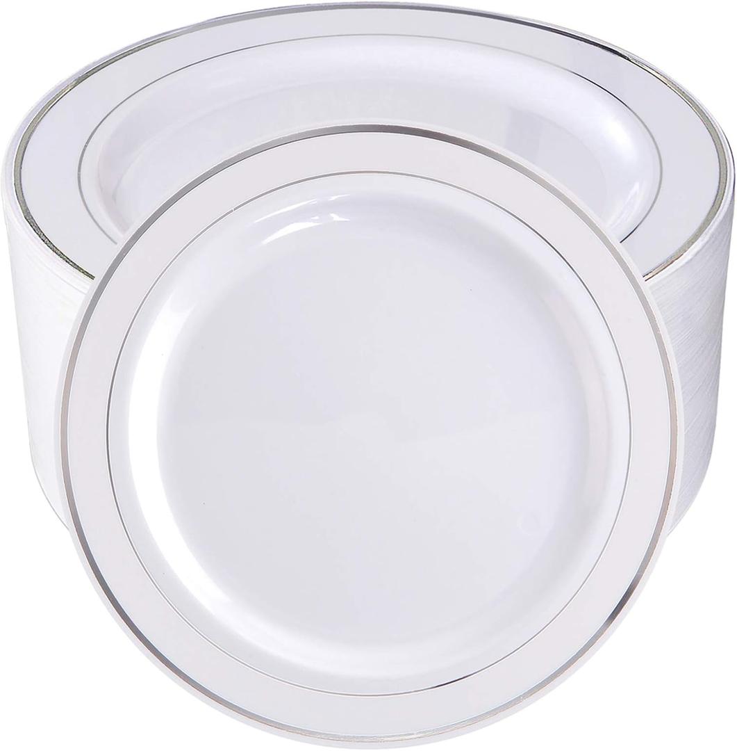 bUCLA 100Pieces Silver Plastic Plates - 10.25inch Silver Rim Disposable Dinner Plates - Ideal for Weddings, Parties