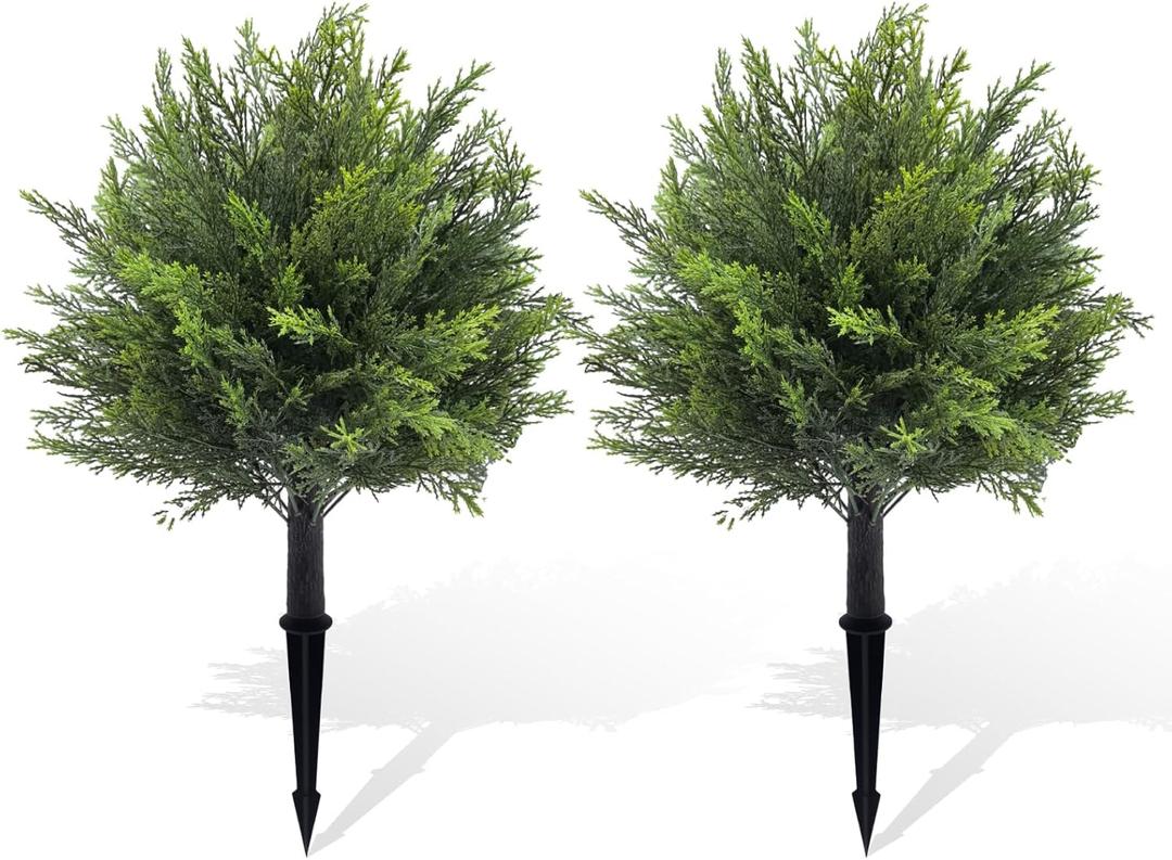 Artificial Topiary Cedar Tree Set of 2 Fuax Cypress Trees 26'' Artifcial Boxwood Bushes with Ground Spike UV Protection Fake Shrubs for Front Porch Balnocy Garden Decoration