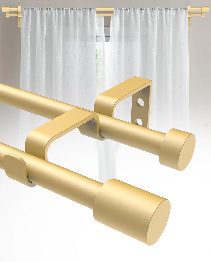 Double Curtain Rods for Windows 28 to 48, 5/8 inch Adjustable Double Curtain Rod, Easy to Install, Suitable for Living Rooms, Bedrooms, Outdoors, Gold