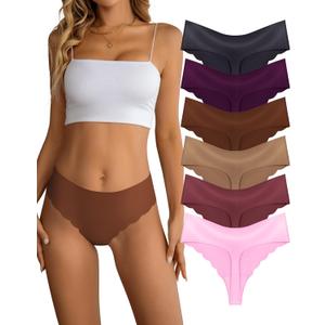 Seamless Thongs for Women Mid Rise Breathable No Show Underwear Wave Edge Stretch Invisible Panties 6 Pack, Small