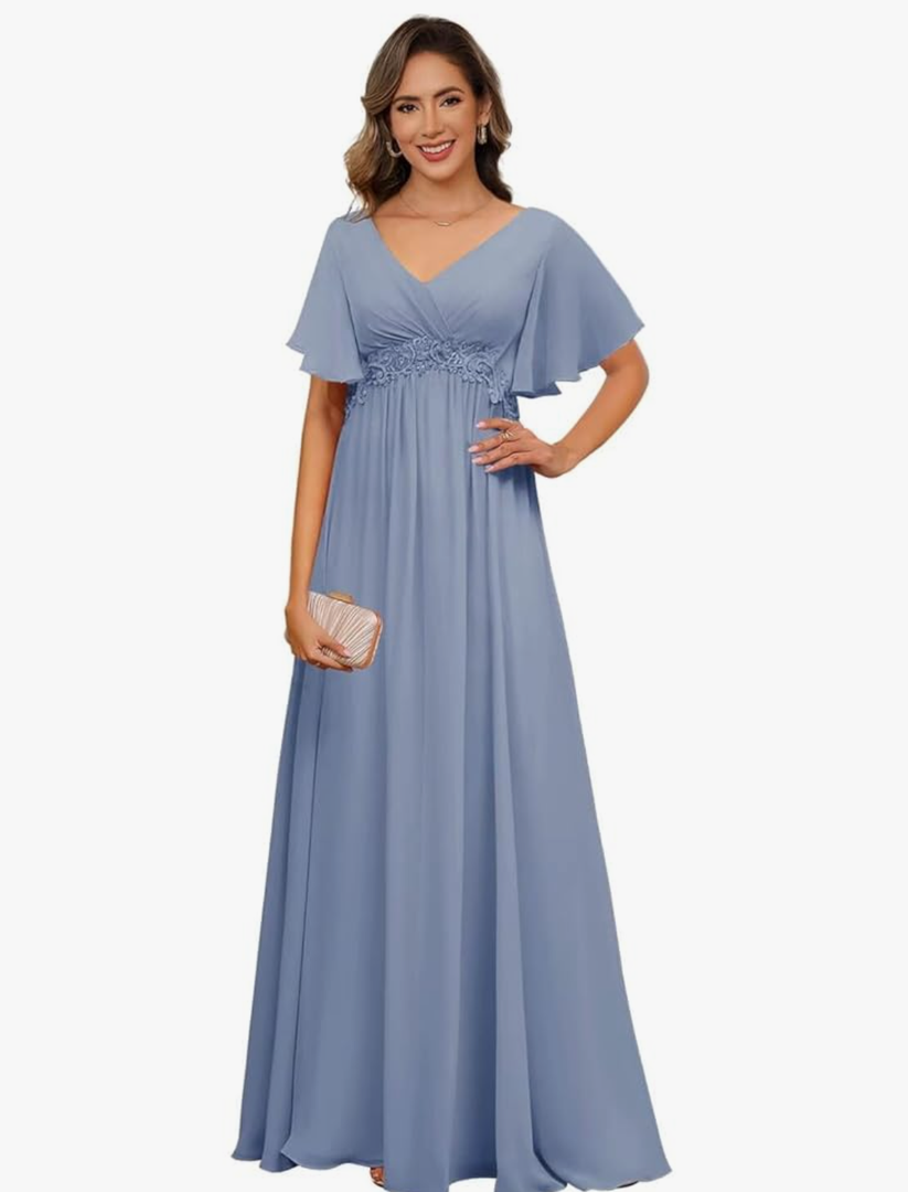 Miao Duo Short Sleeves Plus Size Mother of The Bride Dresses for Curvy Women V Neck Formal Dresses with Pockets YZTS224 (Dusty Blue, 12)