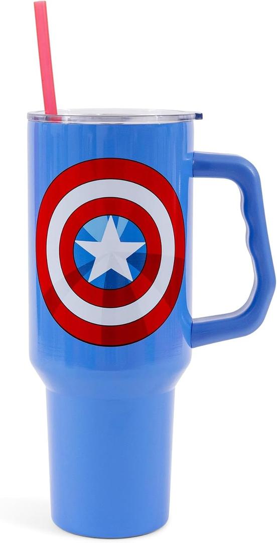 Silver Buffalo Marvel Captain America Shield Double Walled Stainless Steel Tumbler with Handle and Straw, Fits in Standard Cup Holder, 40 Ounces