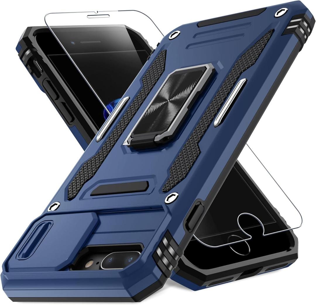 DEERLAMN Case for iPhone 7 Plus/8 Plus Case with Slide Camera Cover+Screen Protector(1 Pack), Rotated Ring Kickstand Military Grade Shockproof Protective Cover 5.5 Inch-Navy Blue