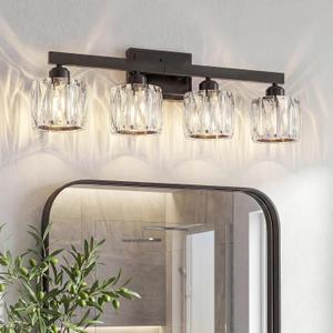 VOLISUN Crystal Vanity Lights for Bathroom, 4 Light Bathroom Vanity Light, Modern Matte Black Bathrooms Light Over Mirror, Black Bathrooms Lights Fixtures-UL Certificated(Exclude Bulb)