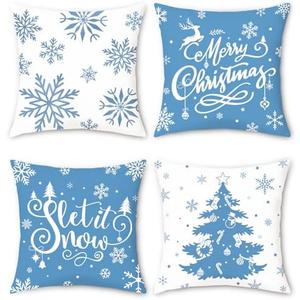 Bonhause Blue Christmas Snowflakes Throw Pillow Covers 18x18 Inch Xmas Tree Let It Snow Winter Holiday Decorative Pillows Soft Velvet Cushion Covers for Outdoor Couch Sofa Decor Set of 4