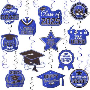 Graduation Decorations Class of 2025, 30 PCS Blue and Black Graduation Party Decorations 2025, Congrats Grad Hanging Swirl Decoration with Foil Wall Ceiling Streamers for Graduations Party Decoration
