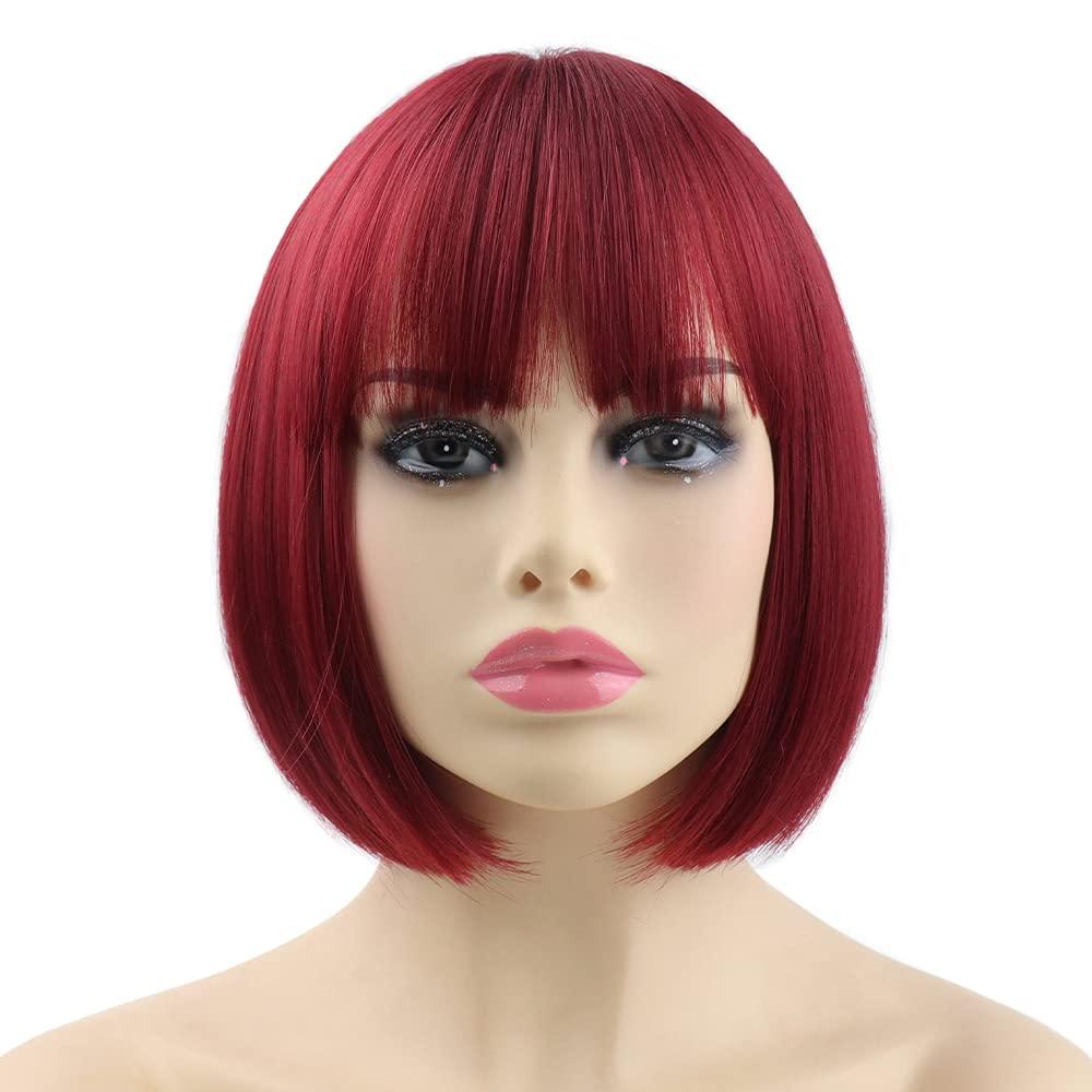 SYXLCYGG Bob Wig Short Wigs Burgundy Synthetic 10" Straight Womens Hair Wig With Bangs Girl Cosplay Party White Women Daily (Free Wig Cap)