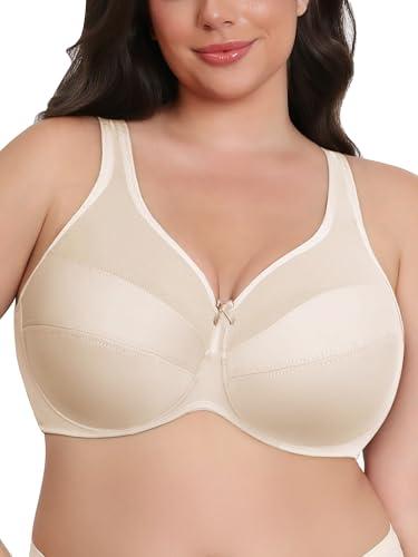 Baetty Bras for Women Underwire Plus Size Minimizer Bra for Heavy Breast Full Coverage Figure Support Womens Bra Unlined Cross Back Wide Straps Wire Unpadded Bras Beige 38H 38 H