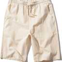 SIR7 Men's Linen Casual Classic Fit 11 Inch Inseam Elastic Waist Shorts with Drawstring (XL, Beige)