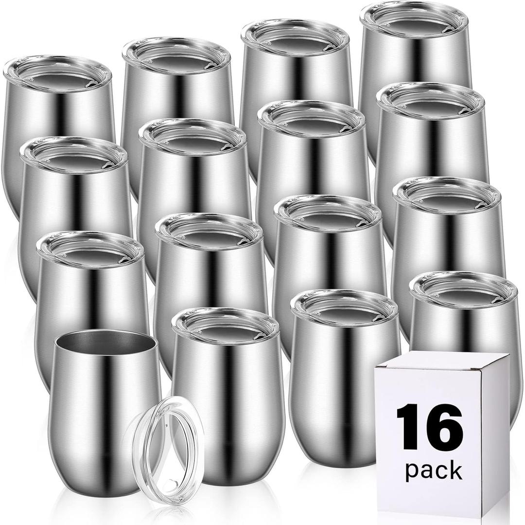 16 Pack Stainless Steel Wine Tumblers 12 oz Insulated Vacuum Wine Cup Set Double Wall Stainless Steel Stemless Mug Glasses for Coffee Soda Whiskey Outdoor Travel (Silver)