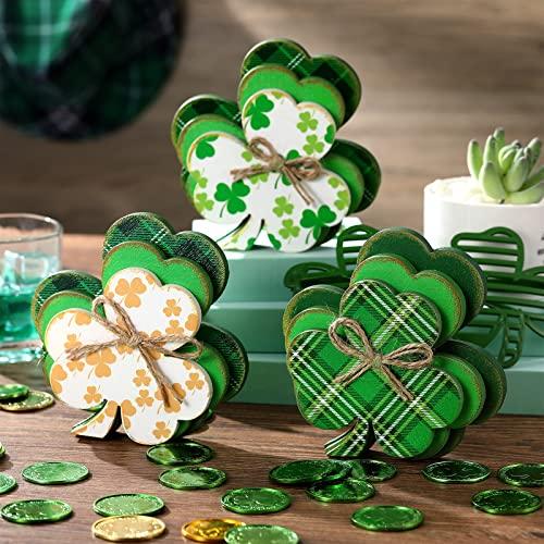 Ferraycle 3 Pcs St Patrick's Day Clover Decor Irish Wooden Tiered Tray Decor Shamrocks Block Signs Happy St. Patrick's Day Centerpiece for Tables Irish Wooden Sign for Home Kitchen