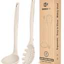 Silicone Pasta Fork and Soup Ladle Set, Heat Resistant Non Stick Kitchen Utensils with Back Hooks, Suitable for Cooking, Stirring, Serving Spaghetti, Soup, Sauce(KHAKI)