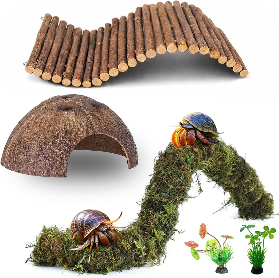 Hermit Crab Accessories, Hermit Crab Climbing Toys Bendable Bridge Coconut Shell Hideout Hut Plants for Reptile Amphibians Supplies