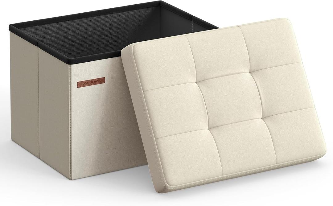 SONGMICS Mazie Collection - Small Folding Storage Ottoman, Foot Rest Stool, 12.2 x 16.1 x 12.2 Inches, 286 lb Load Capacity, for Living Room, Bedroom, Home Office, Dorm, Cream White ULSF102W01