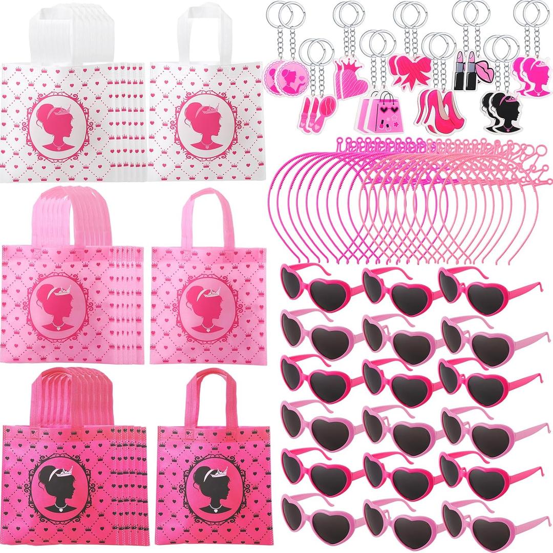 72 Pcs Pink Girl Party Favors Kit Hot Pink Princess Party Supplies 18 Girls Treat Candy Goodie Bags with Handle 18 Heart Sunglasses 18 Crown Headband 18 Acrylic Keychain