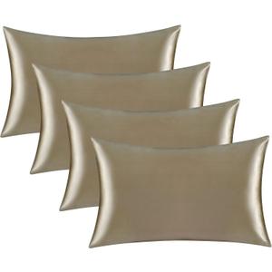 Satin Silk Pillowcase for Hair and Skin, Black Pillow Cases Standard Size Set of 4 Pack Super Soft Pillow Case with Zipper Closure (Camel, Queen(4 Pack))